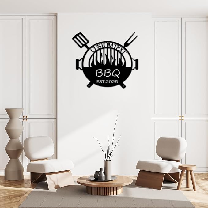 Custom BBQ Metal Sign, Personalized Grill Name Plate with LED Light, 1.2MM Thick Magnetic Installation, Unique Gift for Chefs & Backyard Kitchen Wall Decor (Style A)
