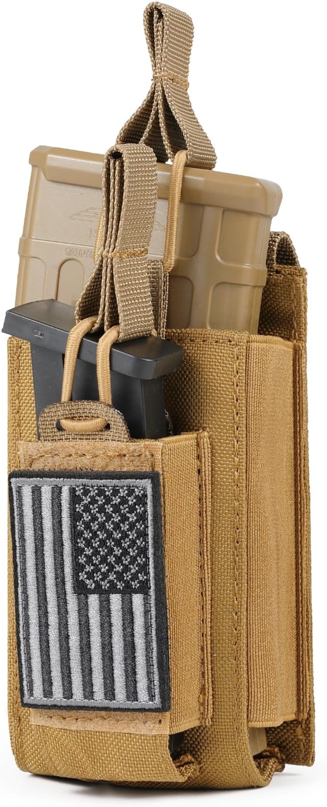 Open-Top Single/Double/Triple Molle Mag Pouch for 5.56mm M4 M16 AK AR Glock M1911 9mm Elastic Rifle Magazines Pistol Mag Pouches Holder Carrier with USA Flag Patch