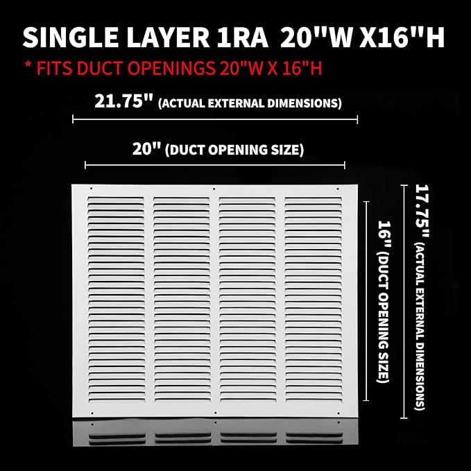 20x16 Air Return Grille(Duct Opening Size),Air Return Vent Cover,Flat Vent Cover,Rejillas De Aire Acondicionado Para Casa,Return Air Grilles,Outer Dimensions:21.75"Wx17.75"H(20"W x 16"H, Duct Opening)