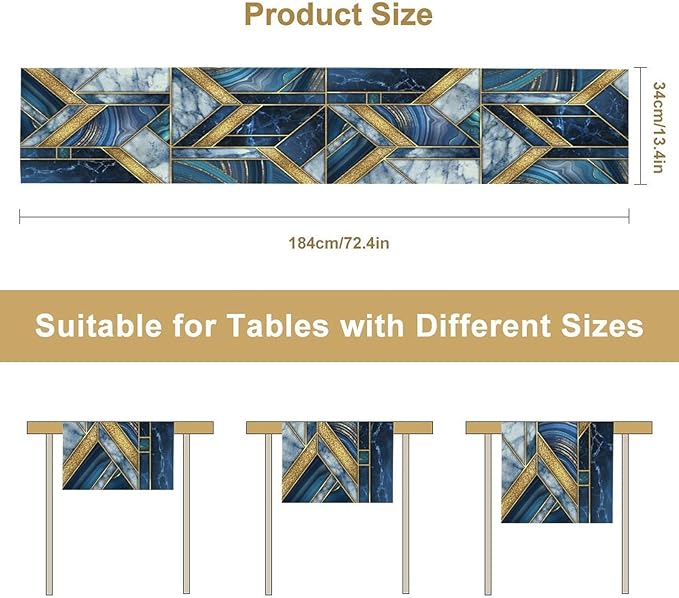 Marble Texture Table Runner, Dark Blue Gold Modern Mosaic Design Table Runner Decoration for Kitchen Family Dinner Table Holiday Party Farmhouse 13x90in