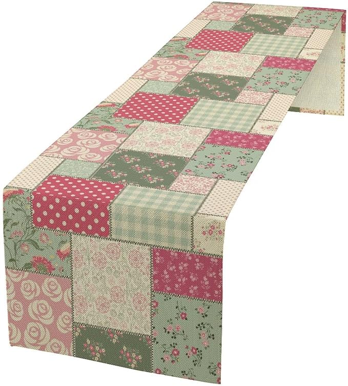 Patchwork Flowers Table Runner, Boho Plaid Floral Retro Romantic Rose Plants Table Runner for Dining Coffee Party Holiday Farmhouse 13x36in