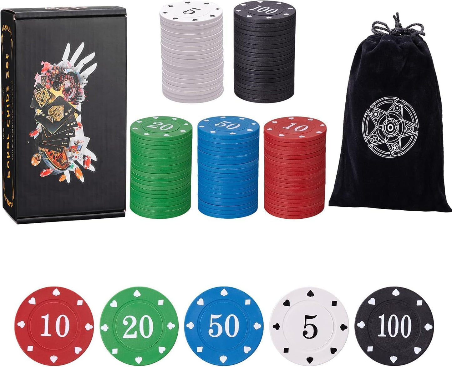 IXIGER Poker Chips,Denomination Poker Chips Set with Black Velvet Pouch Bag,Plastic Learning Counters Disks and Learning Math Counting Chips,Game Night Party Supplies(100pcs)