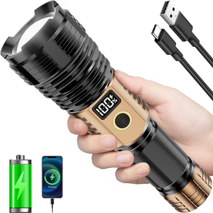 Flashlights High Lumens Rechargeable, LED Super Bright Flash Light Long Beam, Zoomable Linternas with LCD Digital Display, 5 Mode, Waterproof, Powerful Tactical Flashlight for Emergencies Camping Gift