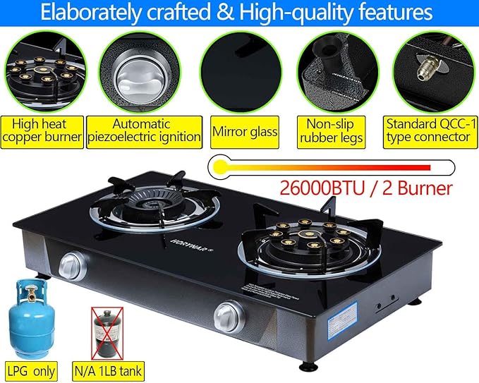 Propane Stove 2 Burner Gas Stove Novel 9 Copper Propane Burners Auto Ignition Tempered Glass with LPG CSA Hose for Outdoor Cooking,Emergency