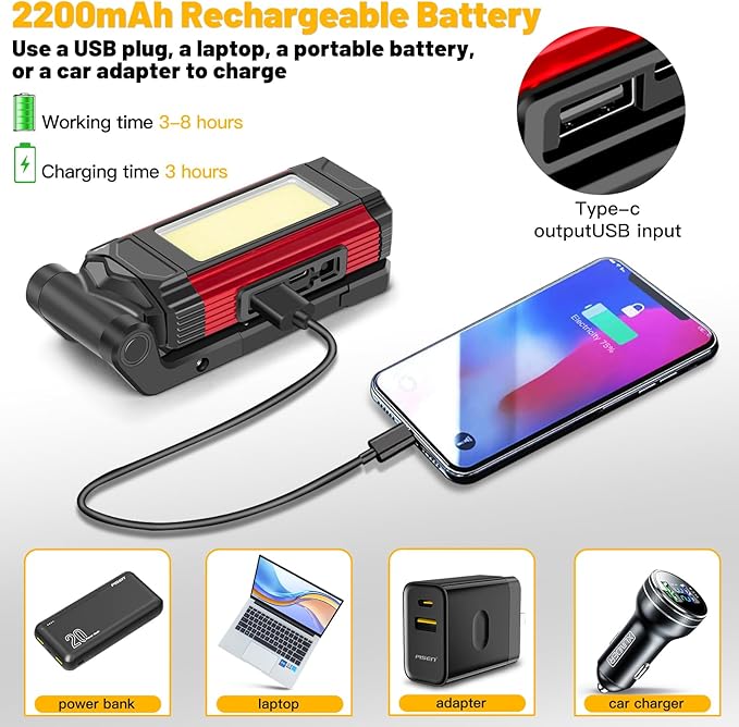 YiaMia Rechargeable LED Magnetic Work Light 2 Pack, Portable Tool Gifts for Men, 7 Flashlight Modes with Kickstand and Carabiner, USB Charging for Camping, Hunting, and Car Repairs (2, Red)