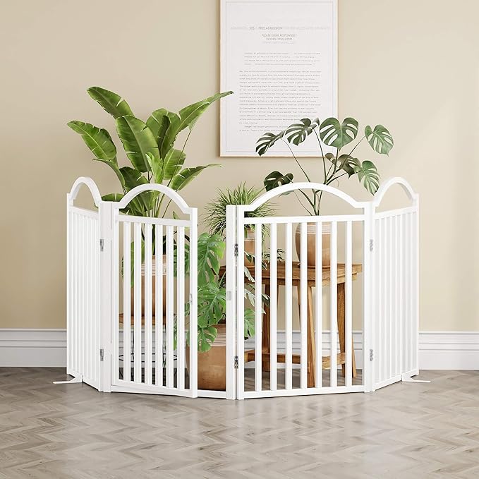 UDD Metal Folding Dog Gate Indoor 96" Extra Wide, 32" Tall Foldable Pet Gate with Door for Stairs Doorways Hallways Porch, Freestanding No Drilling Pet Fence for Dogs Puppy, White 4-Panel