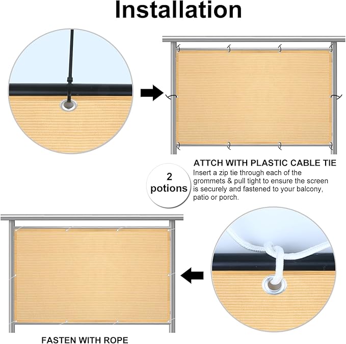 Eden's Decor Balcony Privacy Screen Beige 2'6"x 6' Cover Mesh Windscreen Weather-Resistant UV Protection for Backyard Deck, Patio, Balcony, Pool, Porch, Fence, Railing, Gardening