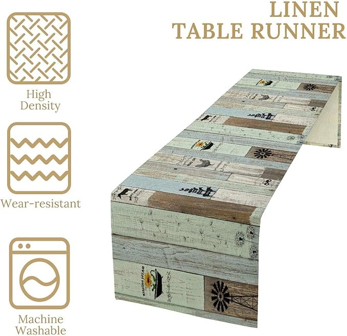 Rustic Farmhouse Table Runner, Vintage Country Blue Green Wooden Board Cow Chicken Pig Windmill Print Table Runner for Kitchen Dining Room Wedding Party Decor, 13x90inch