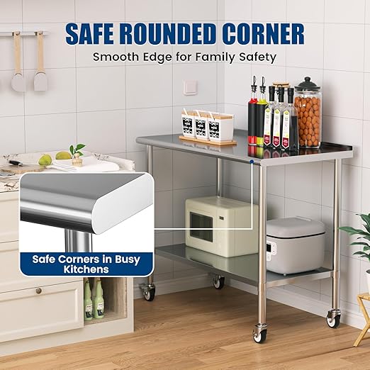 Stainless Steel Work Table with Wheels, 24x60 Inch NSF Food Prep Table with Backsplash & Adjustable Undershelf for Commercial Kitchen, Restaurant, Garage