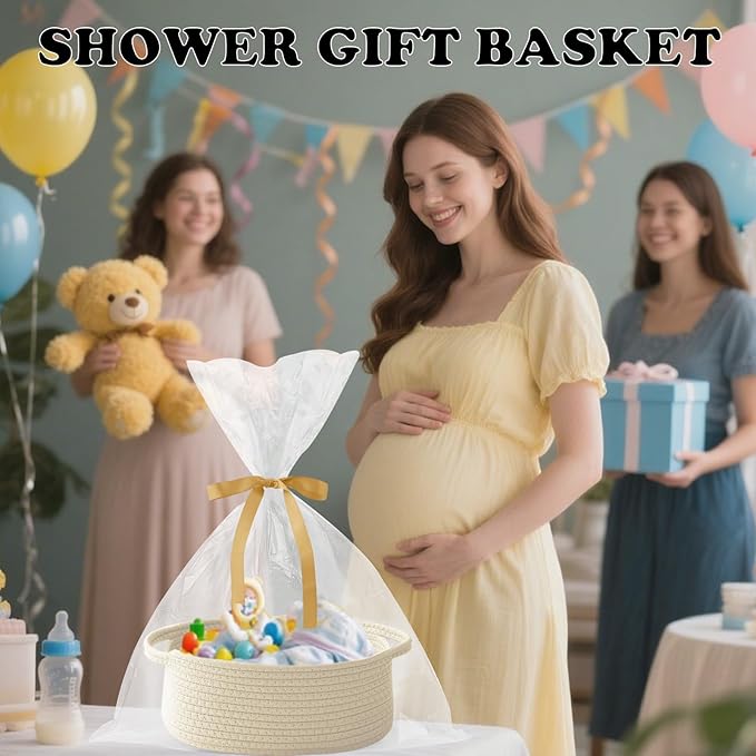 Gift Basket with Gift Bag and Ribbons,Small Rope Woven Shelf Storage,Baskets for Gifts Empty,Birthday,Baby Shower,Decorative Organizer Box with Handles(Cream)