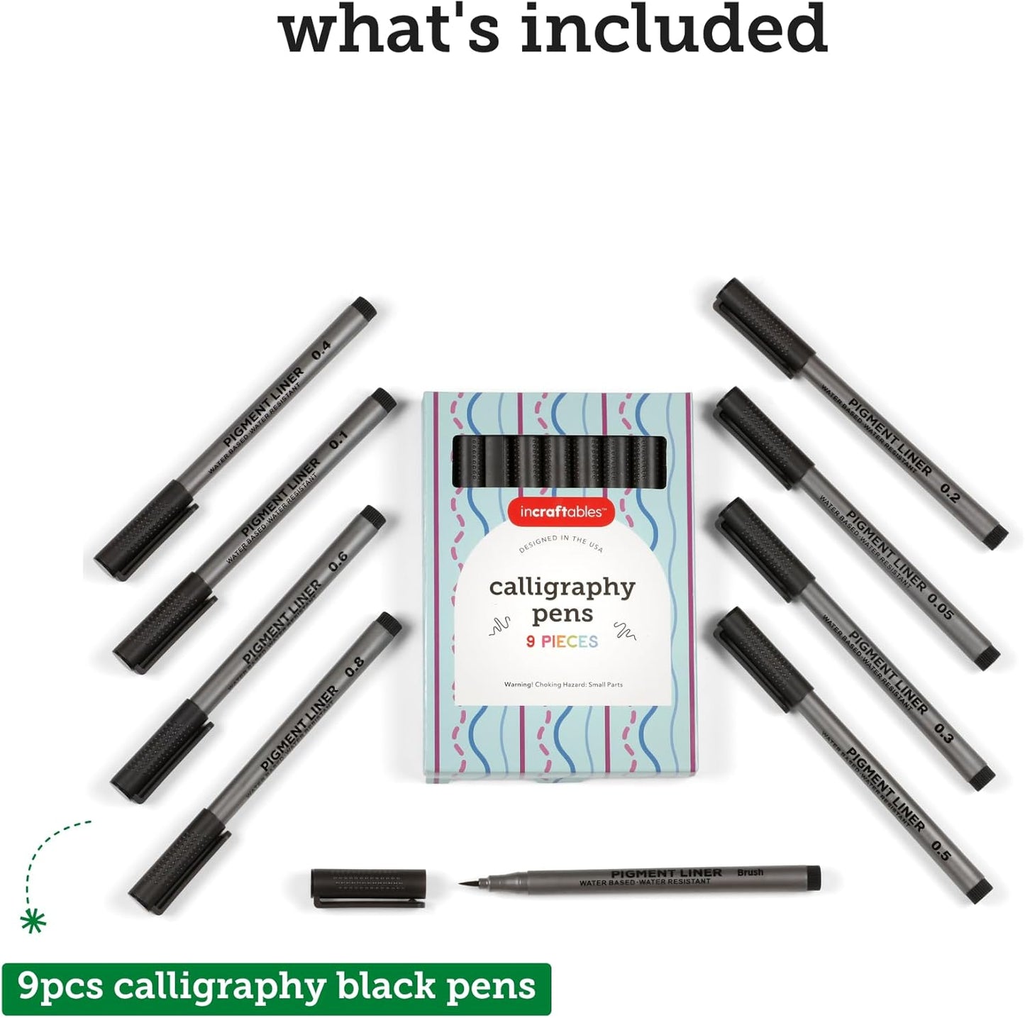 Incraftables Calligraphy Brush Pens – Pack of 9 Assorted Tips – Black Chisel Tip Markers for Hand Lettering, Writing, Sketching, Scrapbooking, & Art Projects – Beginner Kit for Kids & Adults