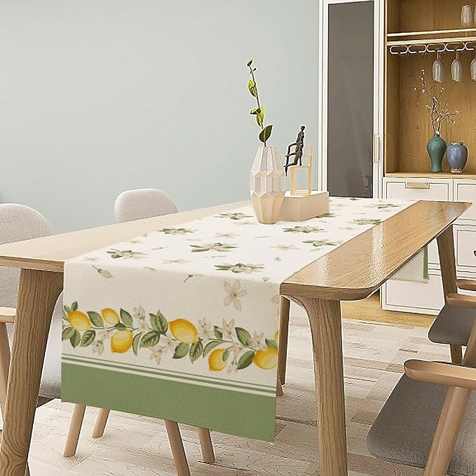 Lemon Spring Table Runner, Farmhouse Rustic Summer Flower Leaves Table Cover for Home Kitchen Dining Room Table, 13x60inch