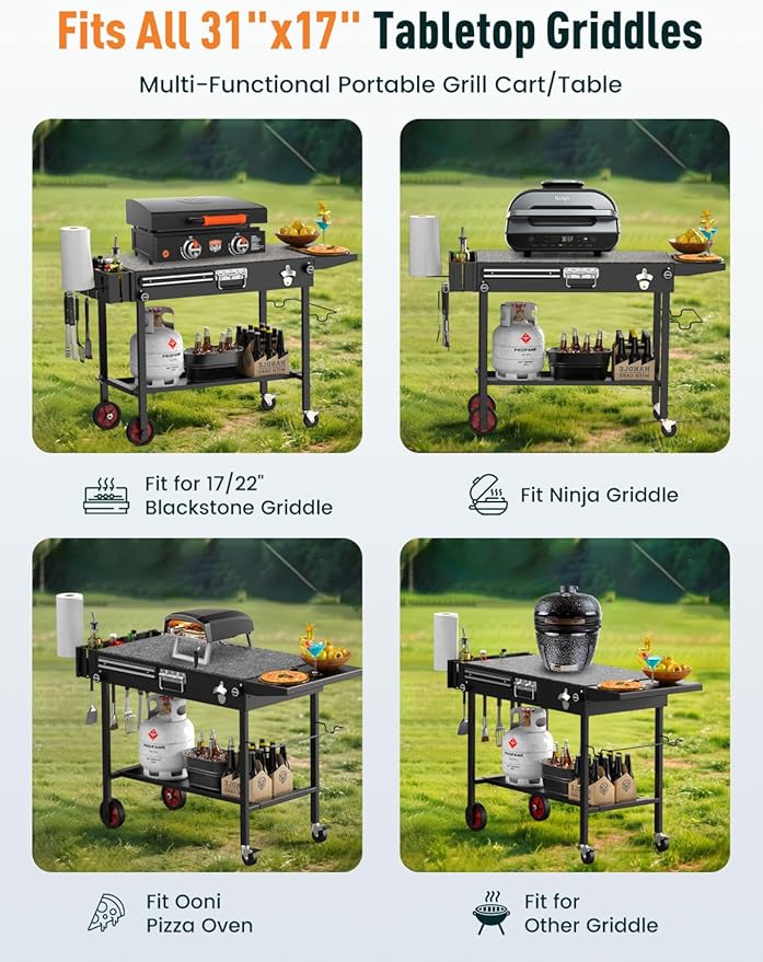 Portable Grill Cart Table with Wheels, for 17-22 Inch Blackstone Griddle Stand, Foldable BBQ Prep Station with Seasoning Tray