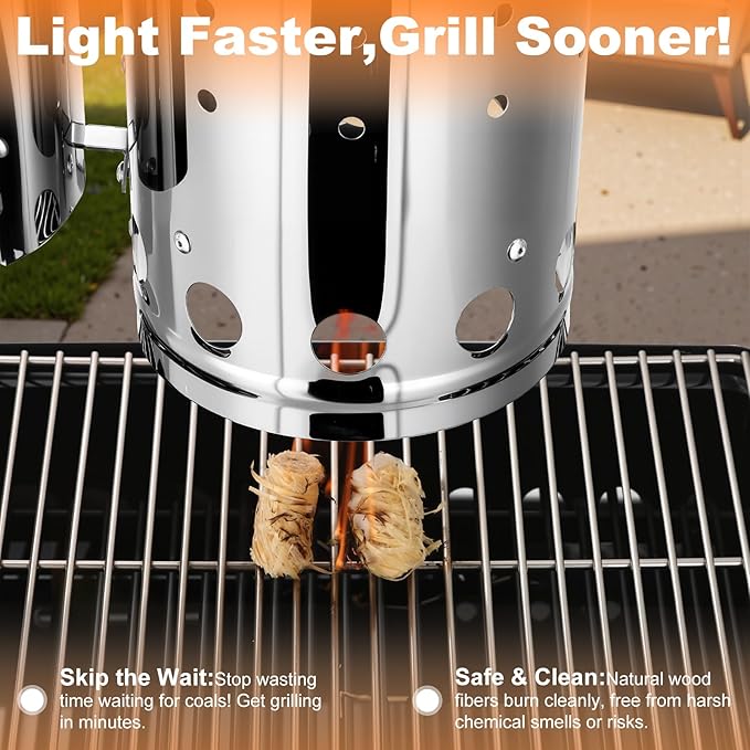 Charcoal Chimney Starter, BBQ Grill Quick Rapid Fire Starter Chimney for Outdoor Barbecue Cooking Camping, Sturdy and Easy to Use, Stainless Steel（10.62" x 6.3"）