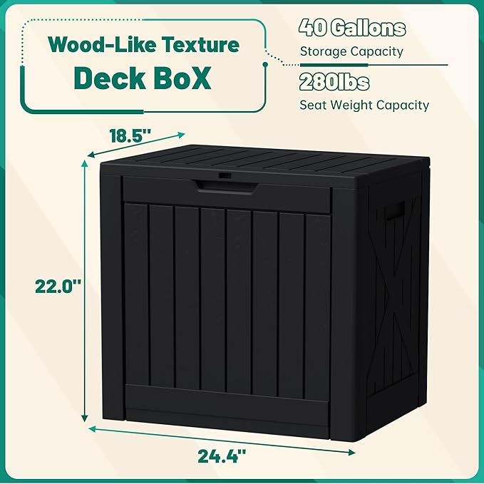 Devoko 40 Gallon Deck Box Outdoor Storage Box Waterproof for Patio, Large Outdoor Storage Bench Lockable for Outside (Black, 40 Gallon)