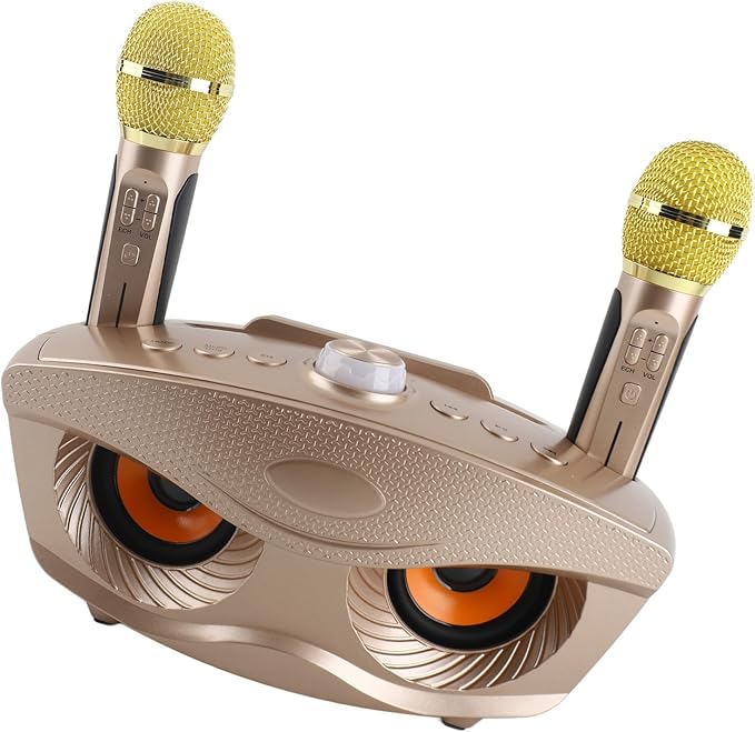 Speaker, KTV Karaoke Speaker with 2 Microphones for Home Party, 3000mAh Battery 10M Wireless Connection AUX Input USB Support (Gold)