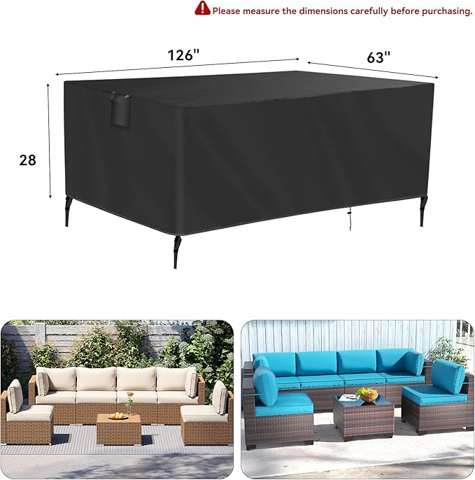TUOKING Outdoor Furniture Covers Heavy-Duty 420D Waterproof Cover,All-Weather Patio Furniture Protector for Sofa,Chairs & Table-UV-Resistant,Anti-Tear Dustproof Covers (Black, 126"L x 63"W x 28"H)