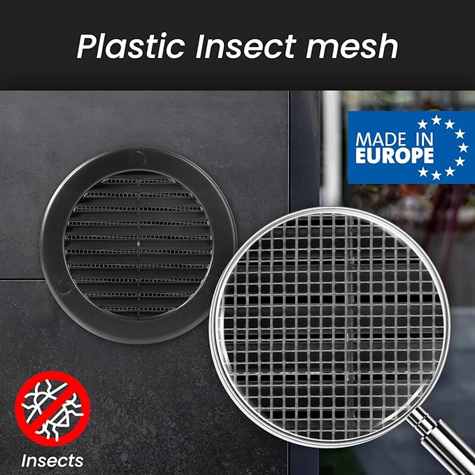 Repa Market 4 Inch (Opening) Black Round Air Vent Cover - Pack of 10 Plastic Fresh Air Intake Vent - Grill Cover with Nylon Mesh Screen - Wall or Ceiling HVAC Return Air Register - Modern Soffit Vents