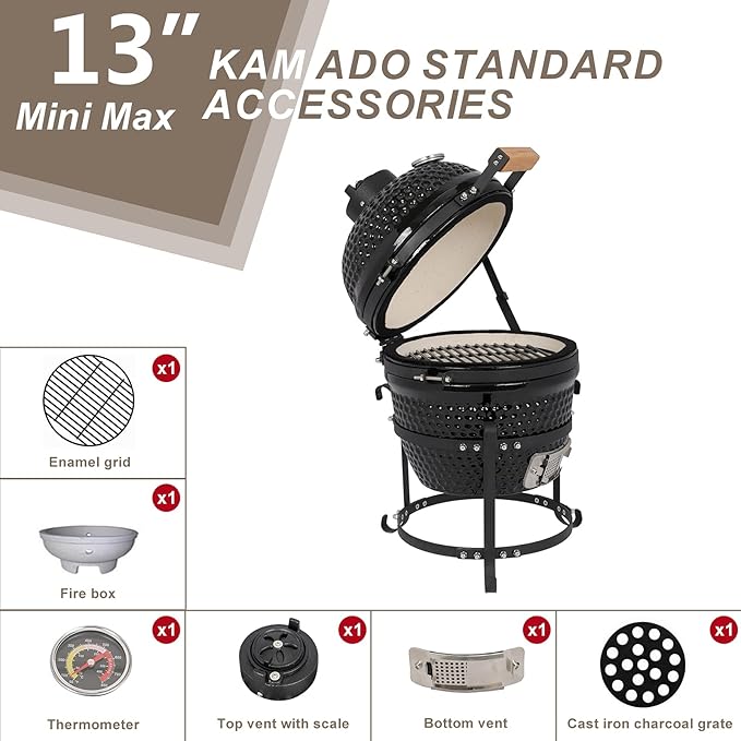 VINGLI 13" Kamado Charcoal Grill Portable Barbecue Grill BBQ Kettle Stand Lid Perfect for Outdoor Camping Patio Backyard Picnic
