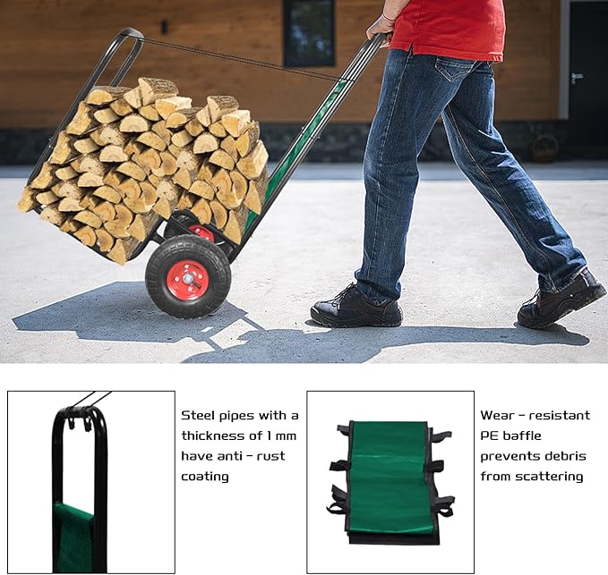 Firewood Cart with Pneumatic Wheel: 44 X 27 X 20 in Heavy Duty 220 lbs Load Capacity Waterproof Easy Assembly Rack for Indoor Garden Backyard Fireplace Men Women Use with Rubber Wheels