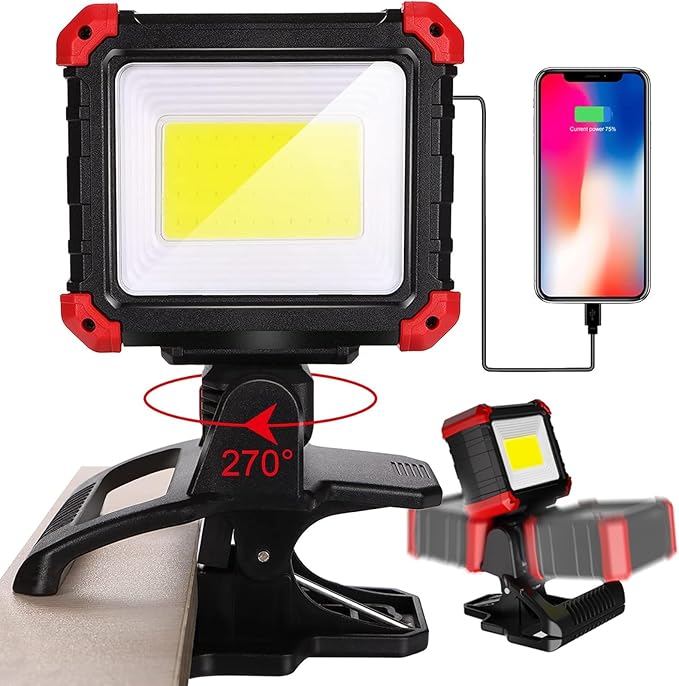 LED Rechargeable Work Light with Clamp, 2100LM COB Magnetic Clip on Worklight 270° Rotating with Mobile Charger, Portable Clamp Work Light for Boats, Car Repairing, Job Site Lighting