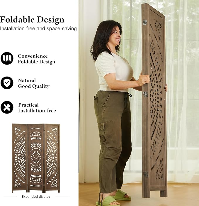 Room Divider Wood Carved Wall Divider Indoor Folding Bohemian Style Portable Partition Screen for Home Office Garden Terrace - 3 Panels (Brown)