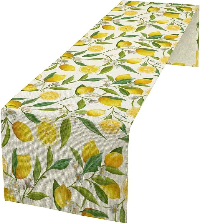 Lemon Table Runner, Summer Fruits Green Leaves Flower Plant Table Runner for Farmhouse Coffee Home Kitchen Dining Party Outdoor 13x60in