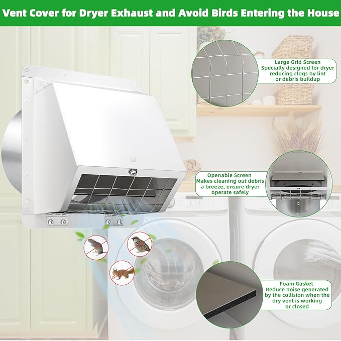 Dryer Vent Cover Outside 5 Inch,Dryer Vent Cover for Exterior Wall,External Extractor Wall Vent Exhaust Vent Cover with Screen and Damper,Dryer Vent Cap for Duct House Kitchen Range Hood AC,White