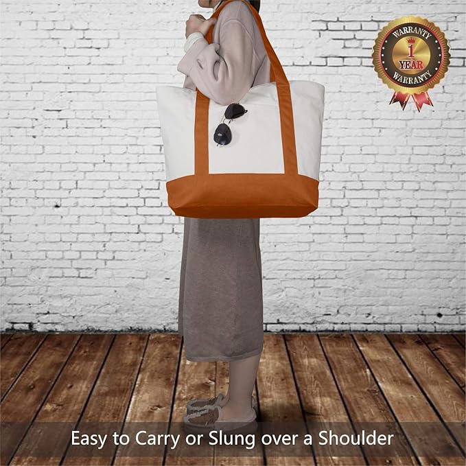 TOPDesign 1-Pack Canvas Tote Bag with an External Pocket, Reusable Grocery Shopping Bag, Top Zipper Closure, Daily Essentials (Orange/Natural)