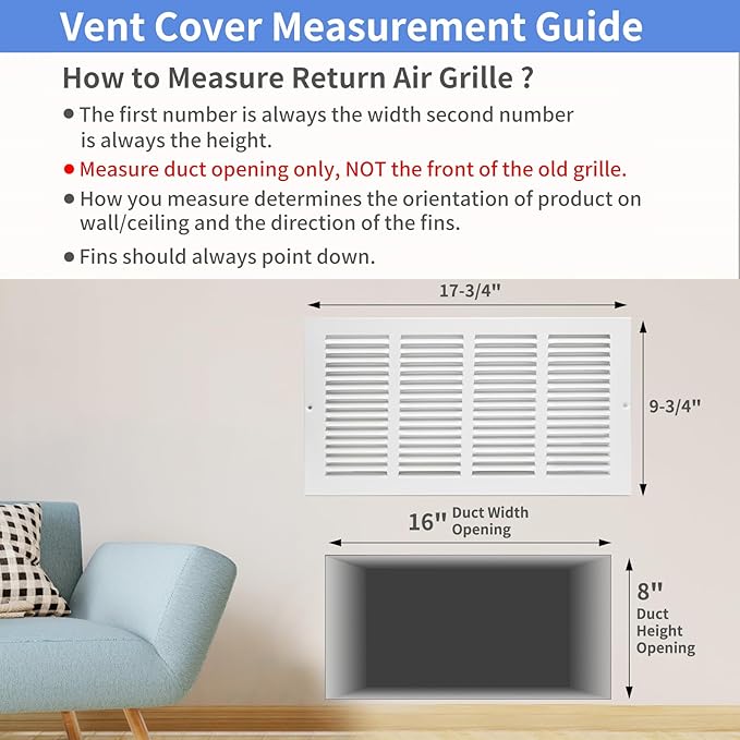 16"W x 8"H [Duct Opening Size] Steel Return Air Grille, Air Return Vent Cover for Ceiling and Sidewall - HVAC Air Vent Covers - [Outer Dimensions: 17.75"W x 9.75"H]