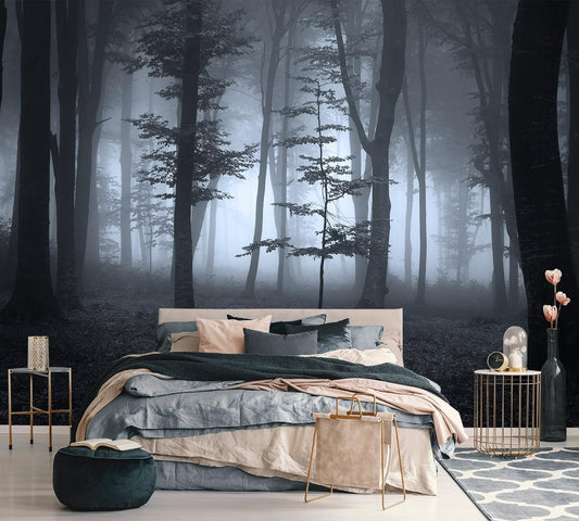 AFZEVEB-Foggy Dark Forest Wallpaper Landscape Tree Wall murals for Bedroom 114"x74"(Not Peel and Stick)