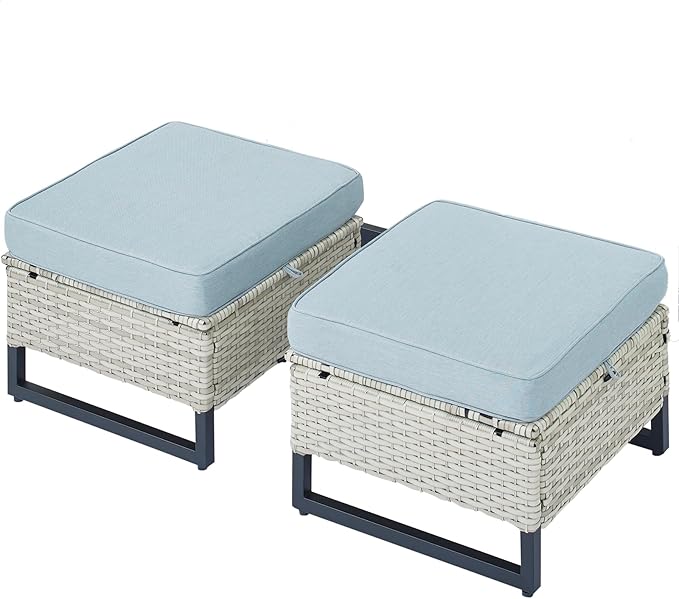 HUMMUH Outdoor Ottomans for Patio Set of 2 PE Wicker Outdoor Footstool with Removable Weather-Resistant Cushions for Patio, Backyard Light Grey Lake Blue