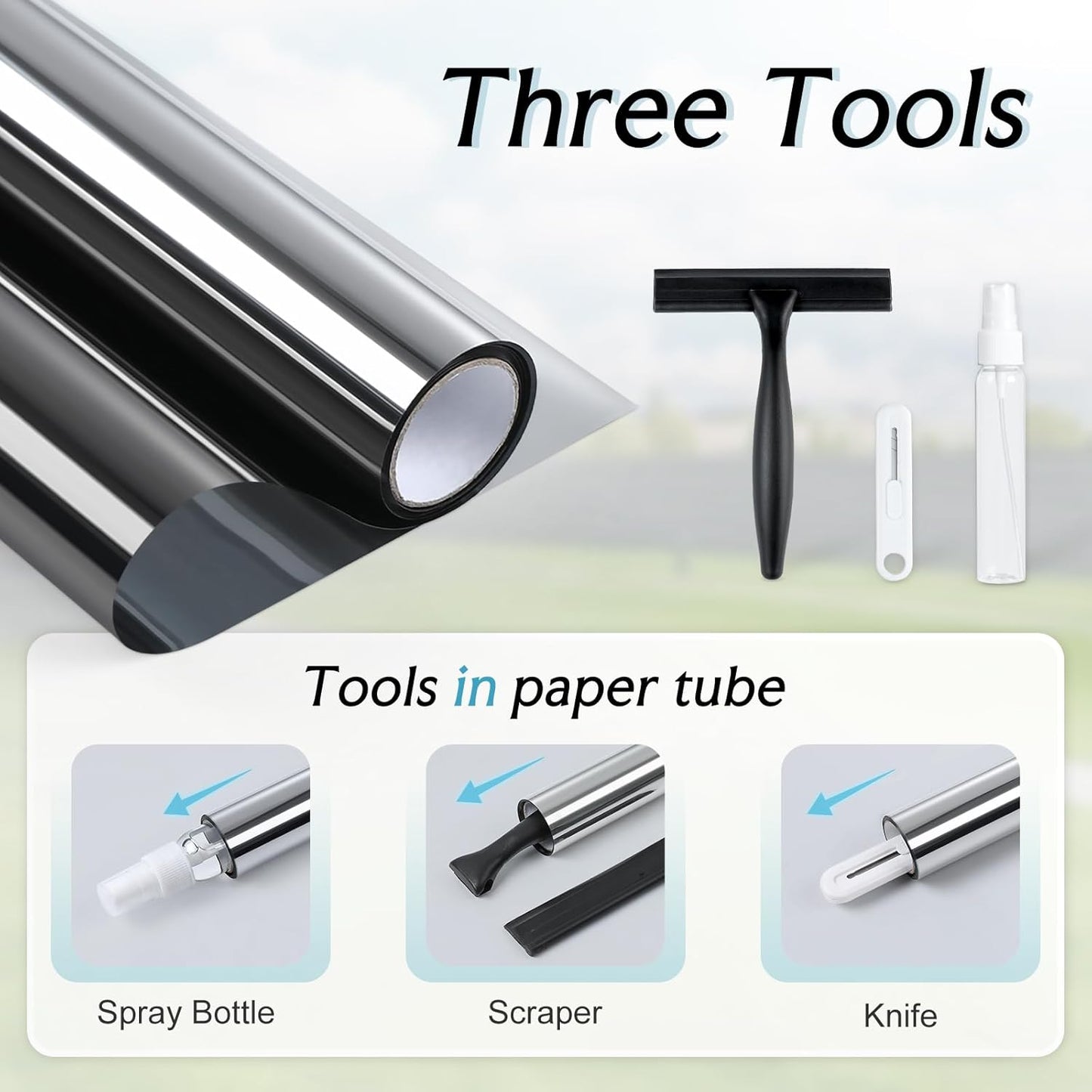 DOWELL One Way Window Privacy Film with 3 Tools Window Tint for Home Sun Blocking Heat Control Anti UV Reflective Mirror Covering See Out Not in for House and Office Black Silver 35.4" X 78.7"