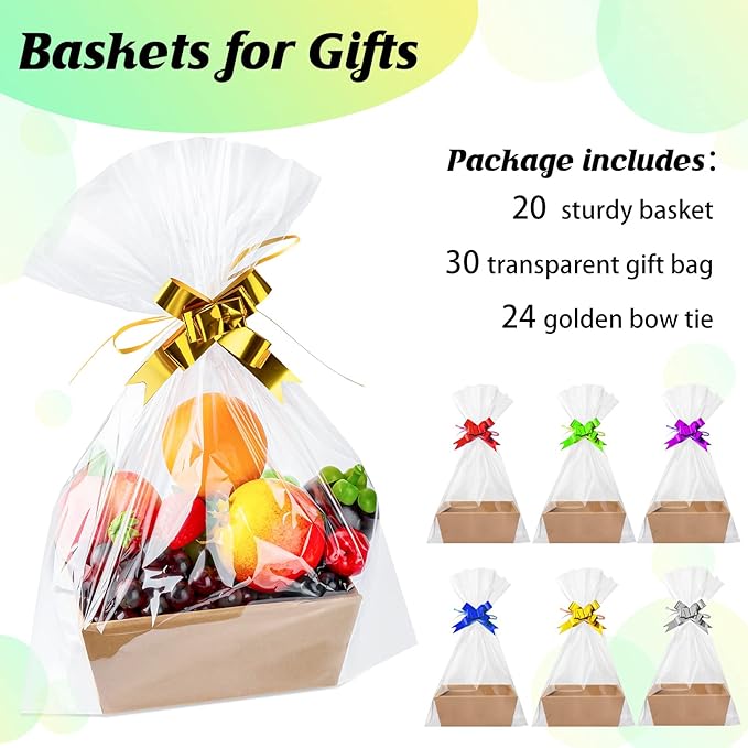 Fainne 74 Pcs Baskets for Gifts Empty Bulk DIY Empty Gift Basket Include 20 Kraft Cardboard Tray with Handles 30 Bags 24 Bows for Christmas Thanksgiving Birthdays Snacks Party, 8" x 6" x 3"(Brown)