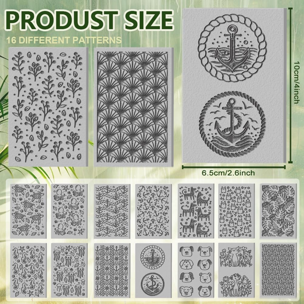 CHGCRAFT 16 Sheets Animal and Plant Clay Texture Mat Ocean Polymer Clay Texture Sheets DIY Tools for Pottery Earring Jewelry Making Stamp Engraving Machines, 4x2.6inch