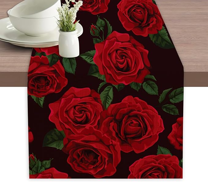 Table Runner Red Roses Table Runners Summer Seasonal Kitchen Dinning Decor for Indoor Outdoor Holiday Home Wedding Party 13x70 Inch