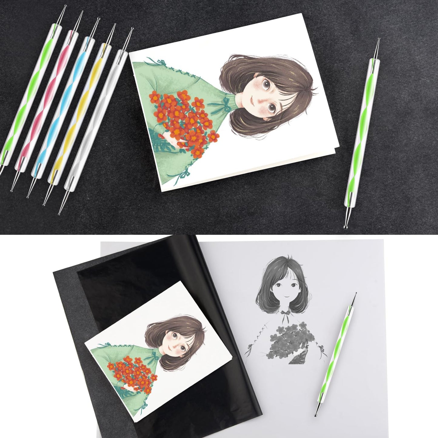 ASTARON 150 Sheets Black Carbon Copy Paper and Tracing Paper with 5 Pcs Embossing Styluses Tool Set, Carbon Transfer Paper for Tracing on Wood Fabric