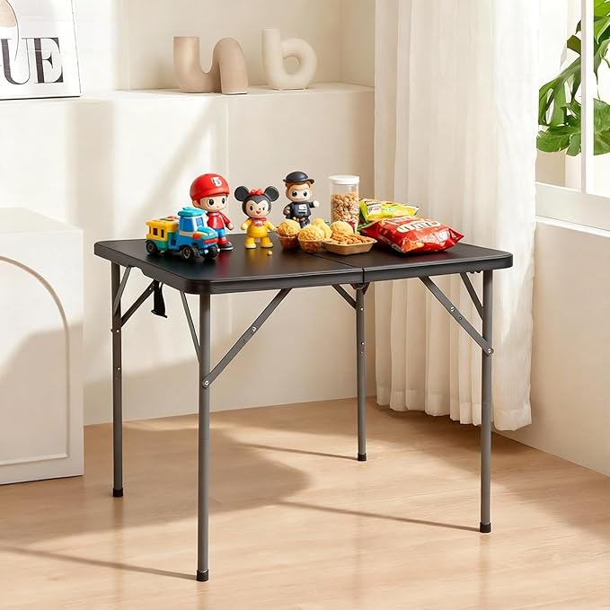 FDW 34" Folding Card Table Plastic Table Portable Square Height Dining Table Perfect for Party and Parties Backyard Events, Black