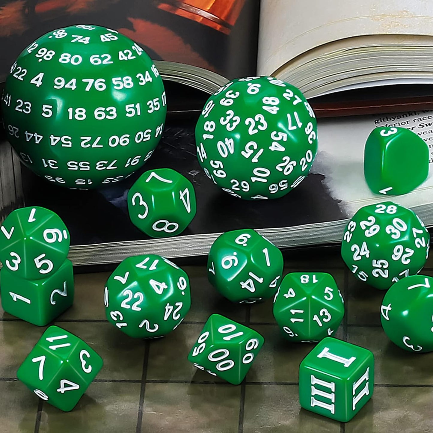 CiaraQ DND Polyhedral Dice Set (15pcs) D4-D100 Game Dice with Dice Bag for Dungeons and Dragons Role Playing Table Games (Green & White)