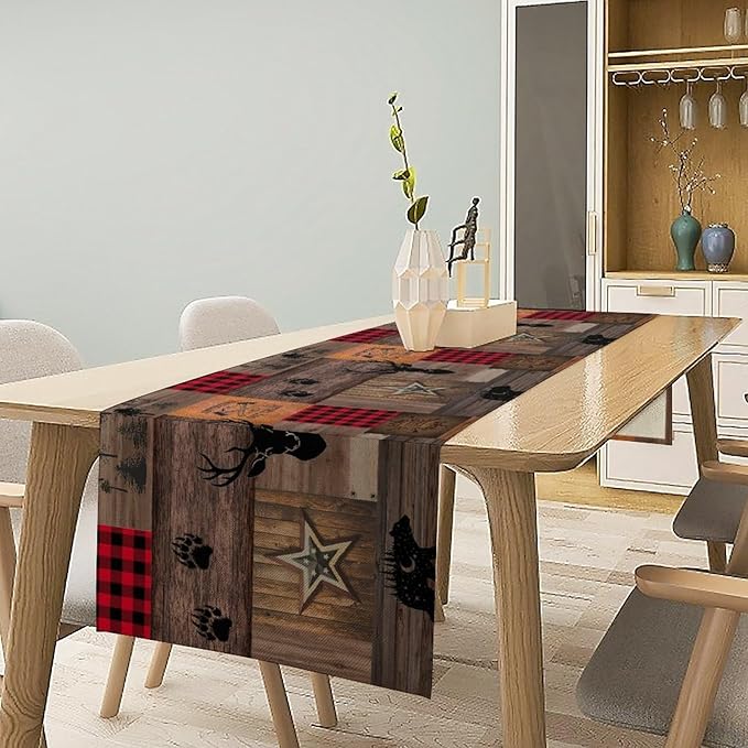 Vintage Bear Deer Table Runner, Rustic Western Farmhouse Hunting Theme Wildlife Animal Checkered Table Runner for Outdoor Dining Kitchen Camping Party 13x90in