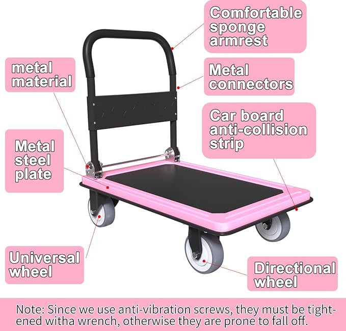WUD Push Cart, Folding Mobile Platform Trolley,Thickened and Reinforced, 360° Swivel Wheels,35.4 “L x 23.6 ”W, 1100 lb. Pink Dolly cart with Wheels (Pink, Large)