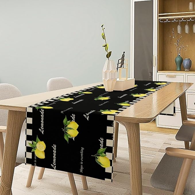Lemon Table Runner,White Black Buffalo Plaid Watercolor Summer Fruit Print Table Runner for Kitchen Dining Table Indoor Outdoor Home Party Decor 13x90in