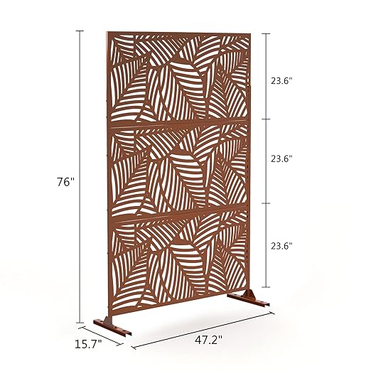 Casaphoria 72" H x 47" W Metal Outdoor Privacy Screen, Freestanding Decorative Divider for Patio, Deck, Balcony, and Garden with Stable Base, Brown Leaves