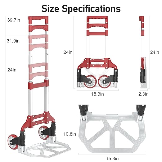 Folding Hand Truck - Aluminum Portable Dolly Cart with Telescopic Handle, Bungee Cord - Compact Lightweight Foldable Luggage Cart for Moving, Home, Auto, 180lbs, Red