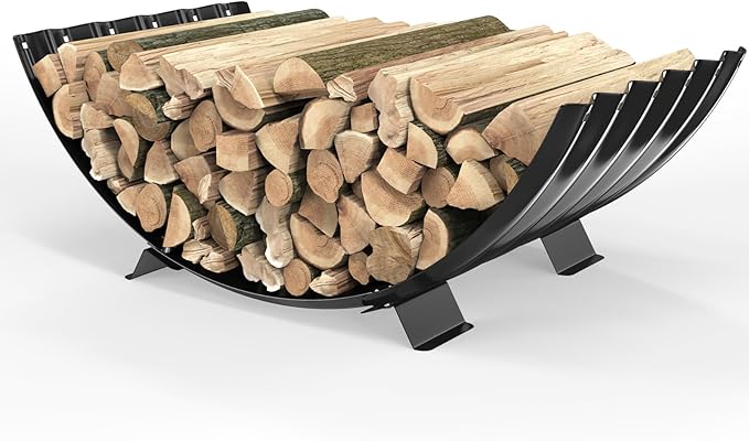 32 inch Diameter Sector Firewood Rack Storage -0.8MM Thick Galvanized Steel with Wave Pattern & 4 Stable Feet, Black Coated for Indoor/Outdoor Wood Storage (2.7FT Diameter)