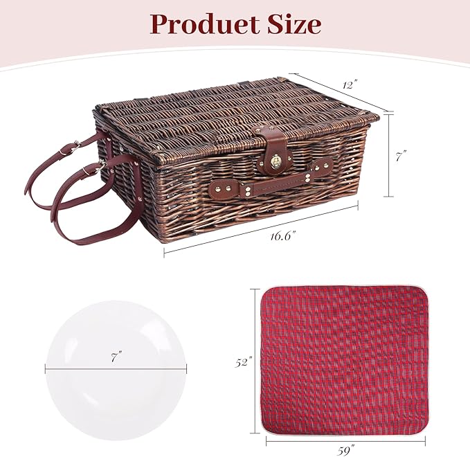 Neti Neti Wicker Picnic Basket for 4 with Insulated Cooler & Waterproof Blanket – Large Willow Picnic Hamper for Outdoor, Camping, Beach, Romantic Dates, Valentine’s Day