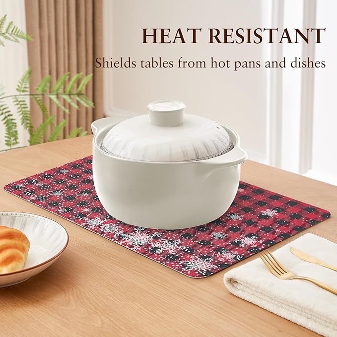 QIYI Christmas Placemats Set of 6, 12x18 Inch Faux Leather Place Mats for Kitchen Dinning, Heat Resistant Non Slip Winter Table Mats, Waterproof Wipeable Placemat Party Décor, Buffalo Plaid Snowflakes