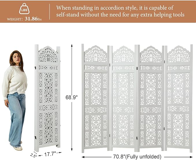 5.75Ft Room Divider Wood Screen, 33Lbs Durable Antiqued Style MDF Carved Headboard, Reversible Freestanding Folding Partition Paravent for Home Office, 69 * 71 inch(H*W) - 4 Panels (Rustic White)