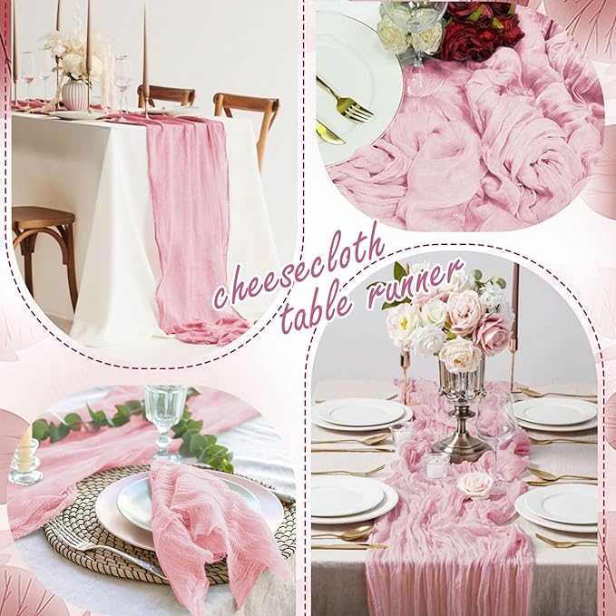 20 Packs Cheesecloth Table Runner 10FT Long Boho Gauze Fabric Table Runner Vintage Rustic Sheer Runners for Wedding Party Bridal Baby Shower Table Decorations (Light Pink)