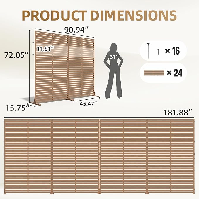 Privacy Fence Screen with Stand 6 Panel 72" H×47" W HDPE Decorative Panels with Steel Poles and Stand, Air Conditioner Fence Panels, Privacy Screen for Outdoor Backyard, Balcony, Pool